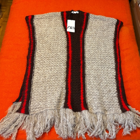 Zara cream, brown and red striped touch of wool poncho NWT - Picture 3 of 12